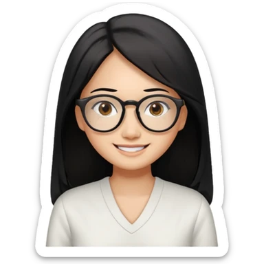 medium tan asian woman with long black hair past middle of back, round brown eyes, white v neck blouse. she has black thick frame rectangle shape glasses on and smiling with no teeth sticker
