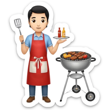 man cooking barbecue full-body black hair light brown skin sticker