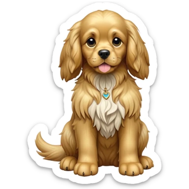 cinematic-[cocker spaniel dog]-realistic-full-body-sitting-emoji,-tail-resting-loosely-beside-its-paws,-head-tilted-dramatically,-scruffy-[solid gold]-fur,-simplified-yet-realistic-focused-features,-highly-detailed,-glowing-with-an-almost-sarcastic-glow sticker