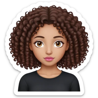 Lightskinned, dark brown curly hair girl (3a), Nubian nose, Full lips, with a natural pink-brown tone, dark brown almond eyes, Slight arched eyebrows, full, dark brown/black, wearing a black long sleeve top  sticker