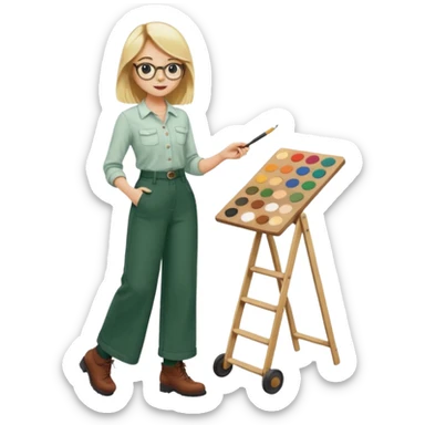 Fille blonde, pantalon ample vert foncé. Lunettes ronde fine. Bottines marrons. Elle pousse une palette remplie de chaussettes  sticker