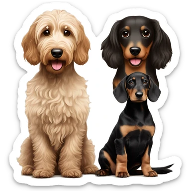 Brown golden doodle and black and tan and cream dachshund sitting together ￼￼ sticker
