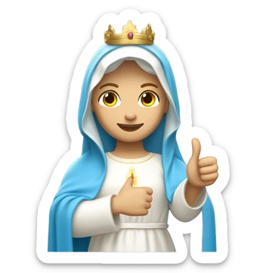 blessed virgin mary with one hand thumb up, with white skin, with blue veil and white clothes, with crown, with halo, with light brown hair sticker