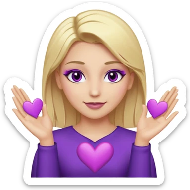twitch emote, kinda chibi style. blonde hair: long, straight, no bangs. gray eyes. an eyebrow with a slit. purple eyeshadow/eyeliner with gold eyeshadow. only face and arms, hands visible. happy, holding a purple heart. white background. sticker