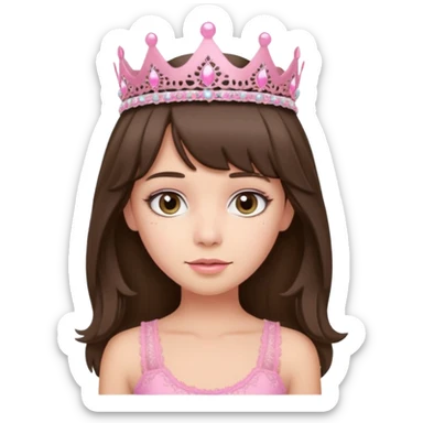 super long haired brunette with middle part curtain bangs cute pink lacy tank with a pink tiara on head, white but with a little bit of tan sticker