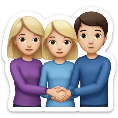  iOS emoji style.
A girl holding hands with two boys at the same time,one boy si brunette the other blonde, one on each side. the brunette one is kised by the girl but the blonde one si holding hand with her
The girl has a suspicious, guilty expression
 smooth gradients, rounded shape sticker