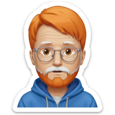 old man, orange hair, white beard, wearing glasses, long face, wearing a blue hoodie sticker