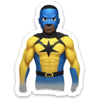 Superhero wearing a yellow and blue suit with black accents. He should have a distinctive yellow visor-style mask covering his eyes, shot black hair. heroic expression. sticker