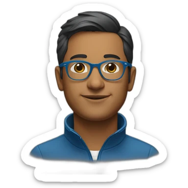 indian tech founder clean shaven in blue quarter zip with tortoise glasses sticker
