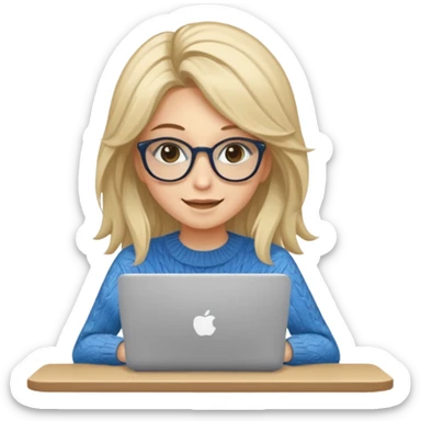 ragazza bionda sorridente con capelli lunghissimi, con occhiali tartarugati, occhi azzurri, con maglione beige, seduta alla scrivania che lavora al pc sticker