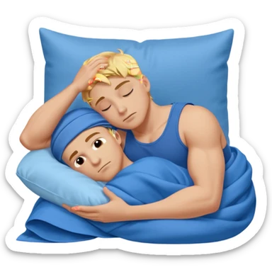A young muscular male with short dark-blonde hair, medium-light skin, and a neutral expression, dressed in blue cloth. He lies on his side, arms around a soft white pillow, with his head on a smooth blue pillow. A flowing blue blanket covers him in silky folds. sticker