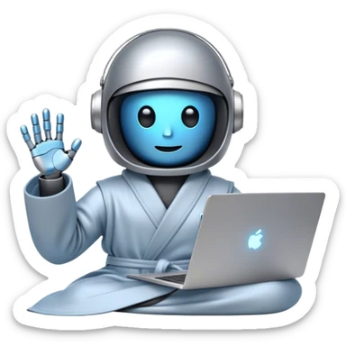 Emoji of a remote-working robot in a cozy bathrobe with a laptop. The robot has a sleek helmet-like head with glowing digital eyes. Relaxed yet high-tech vibe. sticker