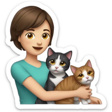 woman with brunette short hair playing with two cats sticker
