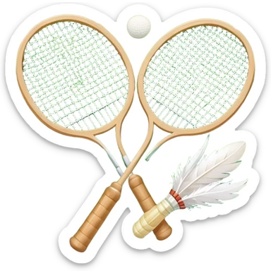 Two crossed badminton rackets with a shuttlecock resting in between, set against the faint outline of a badminton court. The image highlights the tools of the sport, with a subtle emphasis on the court's net and boundaries, symbolizing competition and skill. sticker