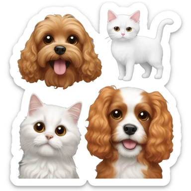 cavapoo dog next to a black, orange, and white colored cat sticker