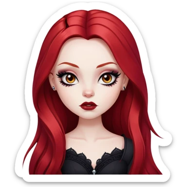 goth red long hair, pale skin,  brown iris, pretty bratz baddie, strong black eyeliner sticker