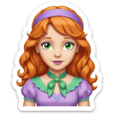 daphne blake long orange wavy hair with lilac headband, green eyes and cute lilac dress with green ascot from scooby doo  sticker