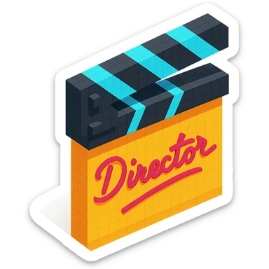 voxel style movie clapperboard with a cursive director's signature, isometric view sticker