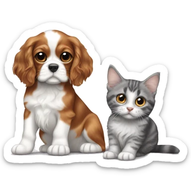 Cavalier King Charles Spaniel puppy sits next to a British gray tabby cat sticker