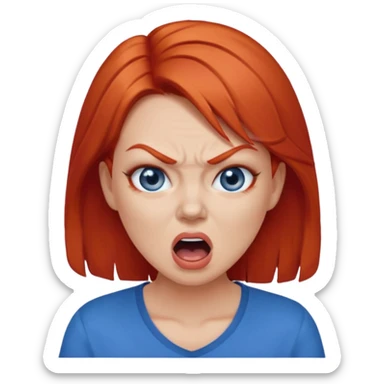 mujer pelirroja con los ojos y los labios maquillados enojada gritando con remera azul sticker