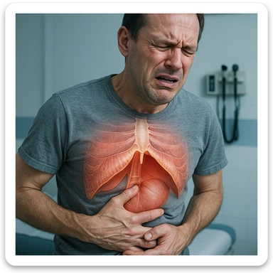 hyper realistic adult man with diaphragm blocked due to stress, expression of pain, hand gripping abdomen, anatomical details, clinical environment, cold lighting sticker