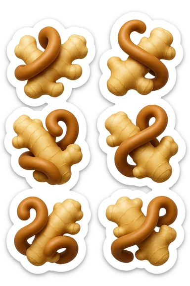 emoji stile iphone 3d di 6 piccoli pezzi di zenzero che fluttuano in aria con pezzi di colon arrotolati intorno, iperrealistico 4k sticker