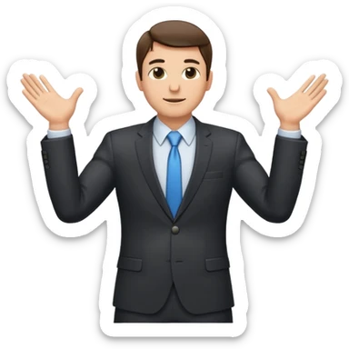 Sticker of a man in a business suit, front view, both arms extended in front of his body at waist level, below chest, hands low near the stomach, elbows slightly bent, palms facing inward as if holding an invisible box, not raised, not upward sticker