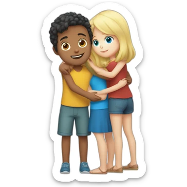 Boy with Dark red hair and blue eyes Hugs girl with blonde hair and blue eyes and boy with blonde hair and green eyes sticker