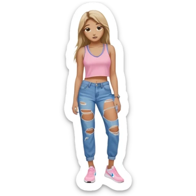 preppy teenage girl, tan, less blonde highlights, brown long hair, long eyelashes, beach aesthetic, wearing cute clothes, wearing ripped blue long baggy jeans with a light pink revealing low neck crop top, wearing Nike shoes, very sexy, long eyelashes, pretty sticker