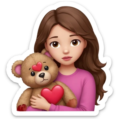 girl with long wavy brown hair, brown eyes, light to medium complexion, in a pink shirt, pink lips, long lashes, sad, hugging a teddy bear with a  heart sticker