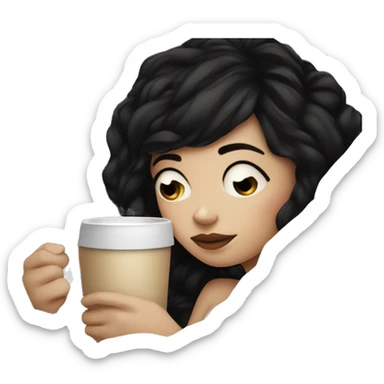 Pale Girl with black hair  laying down cozy in a whitel blanket with a coffee  sticker