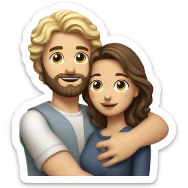 Brunette girl with wavy hair hugging blond boy whit a beard lovingly couple sticker