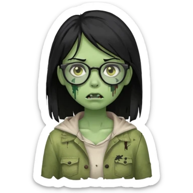 garota zumbi verde com o cabelo preto liso abaixo do ombro, que use óculos sticker