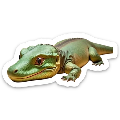 Meme-Worthy cute Sleeping Komodo Dragon Lizard Portrait Emoji, Head resting peacefully with a contented smile, showcasing a rugged, textured form and eyes gently closed in serene slumber, Simplified yet comically adorable features, highly detailed, glowing with a soft, drowsy glow, high shine, relaxed and utterly lovable, stylized with an air of playful laziness, bright and heartwarming, soft glowing outline, capturing the essence of a sleeping ancient guardian that feels destined to become the next viral icon of adorable rest! sticker
