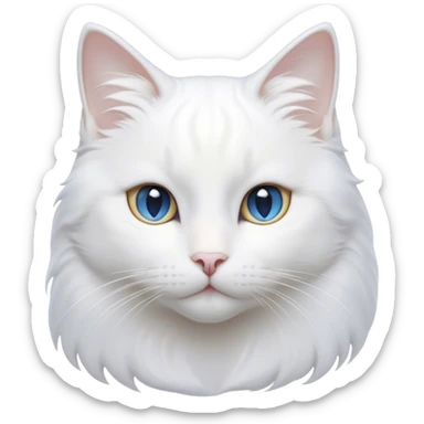 Cinematic Noble White Cat Portrait Emoji, Poised and stately, with a pristine, snow-white fur accented by delicate hints of silver, refined whiskers and a serene, focused gaze, simplified yet impeccably detailed, glowing with an ethereal radiance and timeless elegance, high shine, exuding calm intelligence and regal simplicity, soft glowing outline, capturing the essence of a noble white cat that radiates quiet majesty! sticker