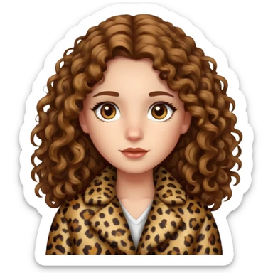 Caucasian girl with long curly hair and hazel eyes in leopard print coat  sticker