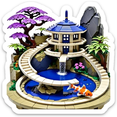 Alien saucer poolhouse jungle Lego winding narrow stairway fountain koi pond mountainside -island getaway nighttime landscape antique mudman very old broken cracked intricate Stone Age lapis-crusted irregular dodecagon-shaped shallow dark moss rough bark violet serissa flowered maple tree bonsai sticker