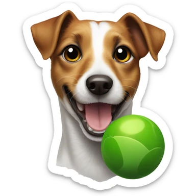 Jack Russell dog with brown eyes holds a green ball in his teeth sticker