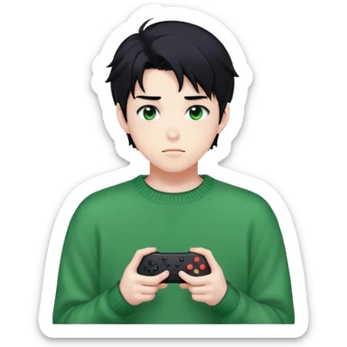 Gorgeous green sweater black hair anime style shojo guy with blushing face and gamer, aesthetic, trending style outside  sticker