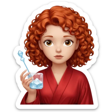 Cartoon emoji of a girl with voluminous curly red hair, fair skin, warm brown eyes. Wearing a chic milky silk robe with long sleeves, no makeup. Portrait mode, holding a ice cube, looking doubtful and unsure. Smooth, simple, stylized." sticker