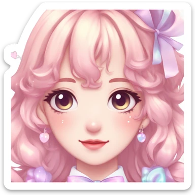 Gorgeous pastel anime style lady with blushing face with sparkly bow tie idol model cottagecore fairycore pastelcore shiny colorful pearly petite simplistic aesthetic trending style sticker