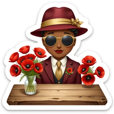 A lush bouquet of deep red poppies tied with a faded gold ribbon, resting on an antique wooden table. Warm brown leaves and golden sunlight add a vintage charm. sticker