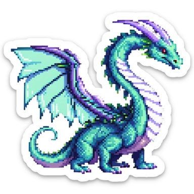 fantasy wyrm, serpentine body, big wings, long tail, shimmering green, blue, and purple colors sticker