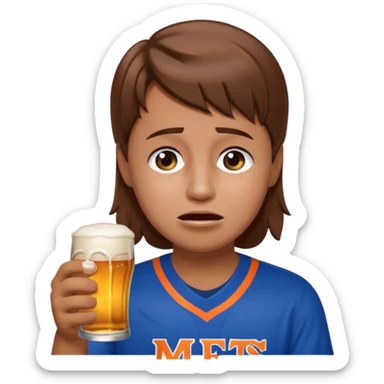 Mets fan with brown hair crying with a beer sticker