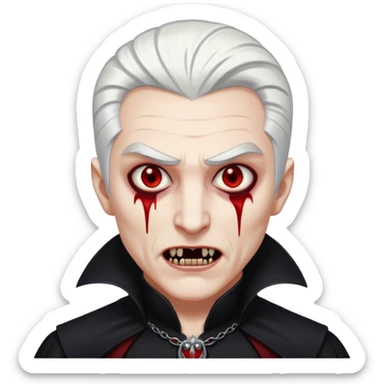 Creat a young man Vampire with white skin and white hair "make him have slide back hair" and full black vampire clothes and bloody eyes and long fangs and scary dead eyes sticker