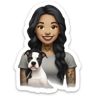 light skin woman with a face tattoo of a cross and long wavy black hair expressing joy alongide a white miniature pitbull  sticker