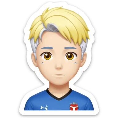 High school soccer player. Wears a uniform with red based and black on sides and yellow. His hair is a mixture of white on the top and blue on the bottom. He is a anime character from Bluelock and is Dutch. sticker