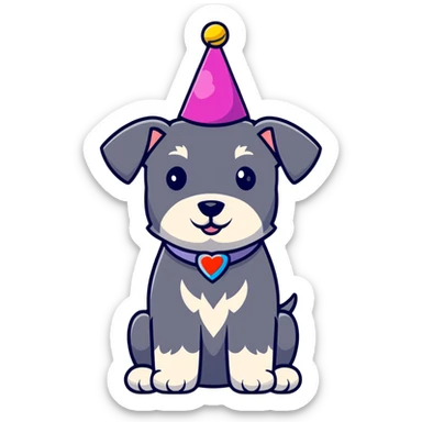 A schnauzer dog wearing a colorful birthday hat sticker