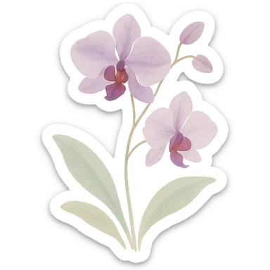 orchid, flowing brushstrokes, rich purple and white colors, elegant shape, naturalistic leaves, watercolor art style sticker