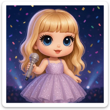 Pretty and girly Blonde pop star with bangs wearing a sparkly tulle light purple ballgown, holding a bedazzled microphone, reimagined as a cute doll, with a nighttime concert backdrop with colorful confetti sticker
